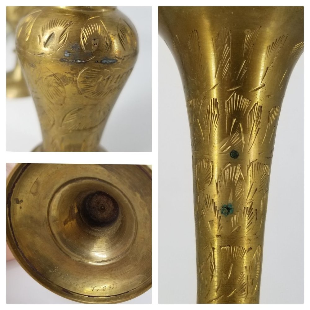 Vintage Brass Vase Flower Floral Three Etched India Home Decor 11.50" to 4.50" - Picture 8 of 11